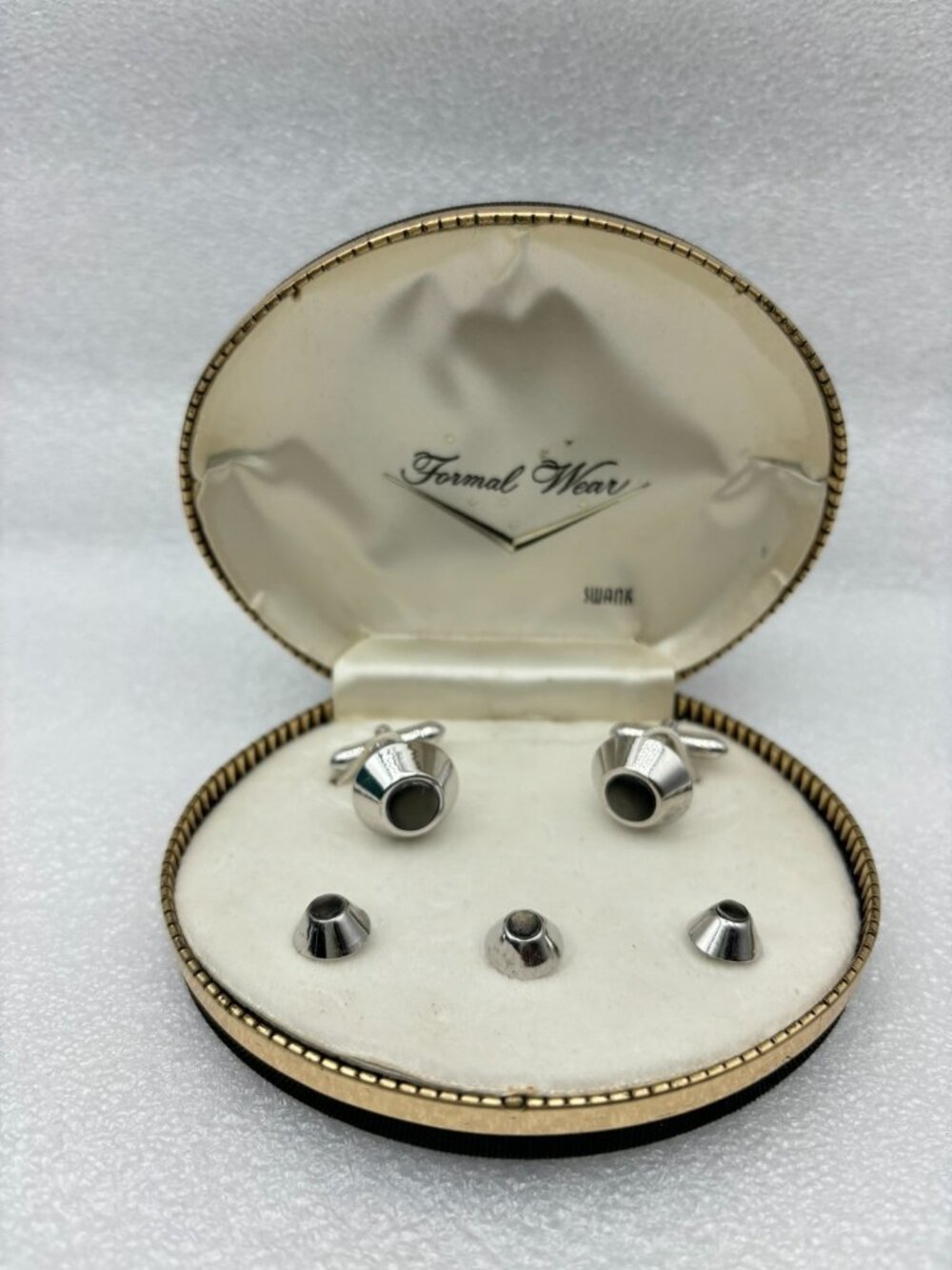1960s Swank Formal Wear Tuxedo Cuff Links-Shirt Stud Set-Silver Tone-Signed NOS